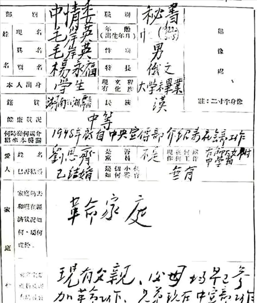 你見過毛岸英親自填寫的履歷表嗎？字跡真切，深得“毛體”精髓(圖1)