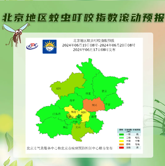 6月17日北京地區(qū)平均蚊蟲叮咬指數(shù)為三級(圖6) 6月17日北京地區(qū)平均蚊蟲叮咬指數(shù)為三級(圖6)